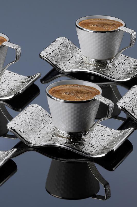 12 Parça Selçuklu Kahve Fincan Takımı - Gümüş Beyaz