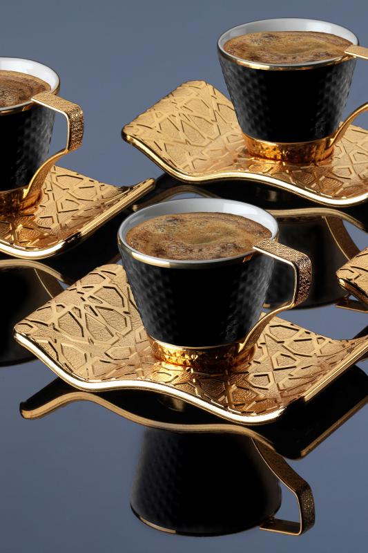 12 Parça Selçuklu Kahve Fincan Takımı - Gold Siyah