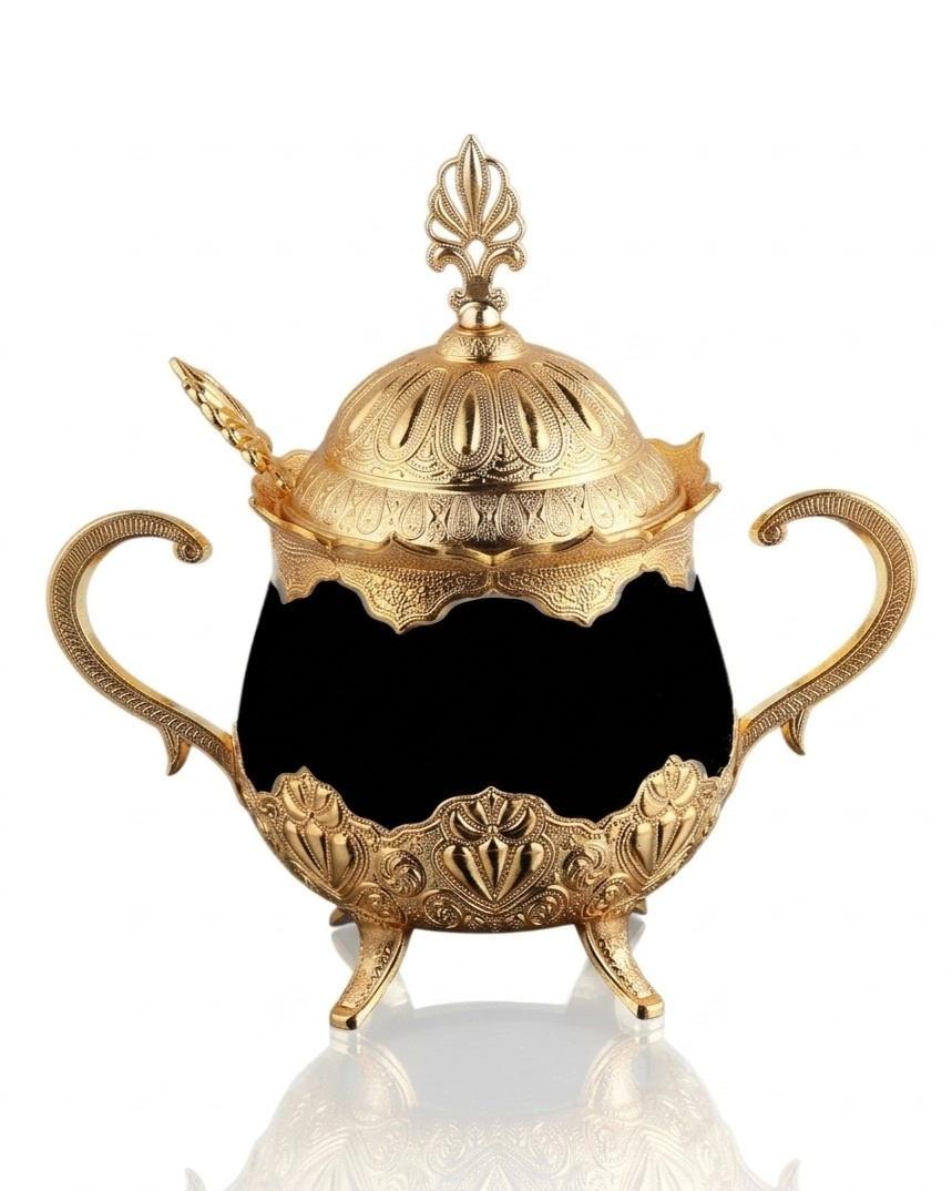 Siyah Porselenli Yuvarlak Şekerlik - Gold