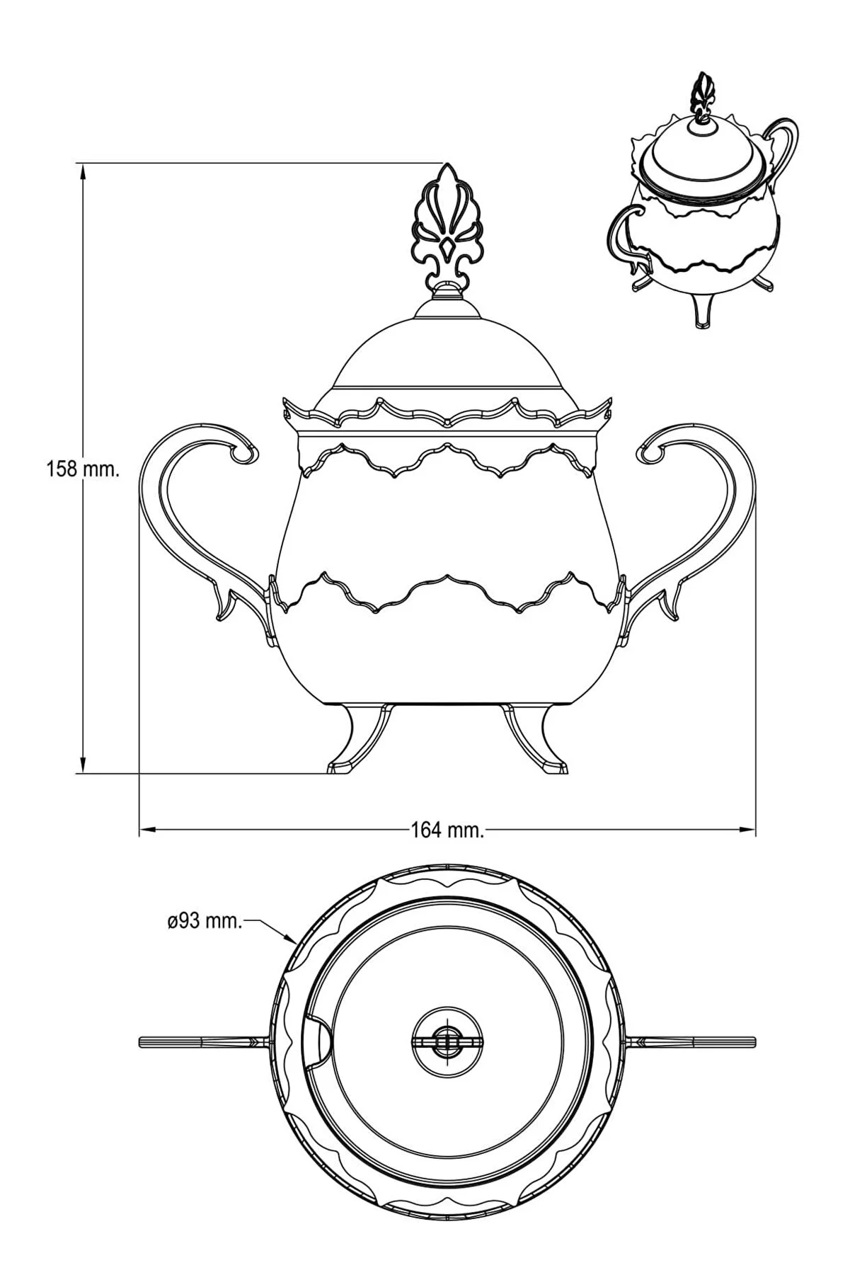 Gri Desenli Porselenli Yuvarlak Şekerlik - Gümüş