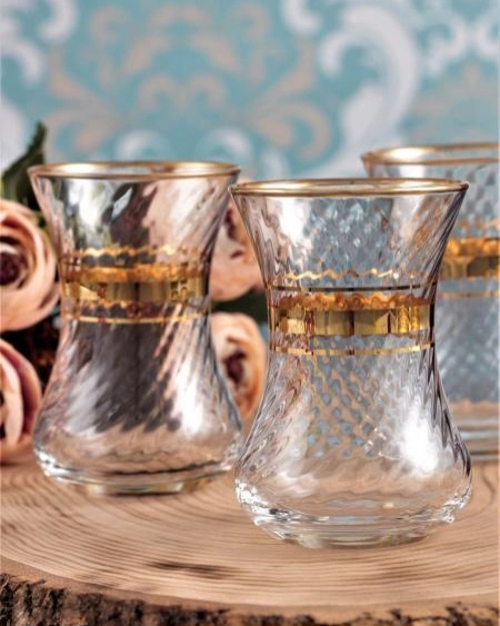6 Kişilik Paşabahçe İncebelli Altın Yaldızlı (pby) Bardak Seti - İncebelli Optikli (Sadece bardaklar)