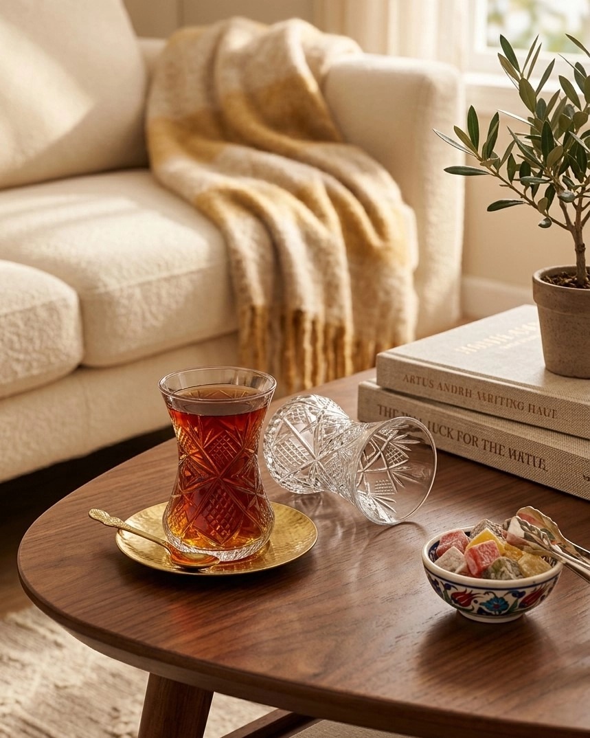6 lı İncebelli Çay Bardağı Takımı- Göz Dekor (Sadece bardaklar)