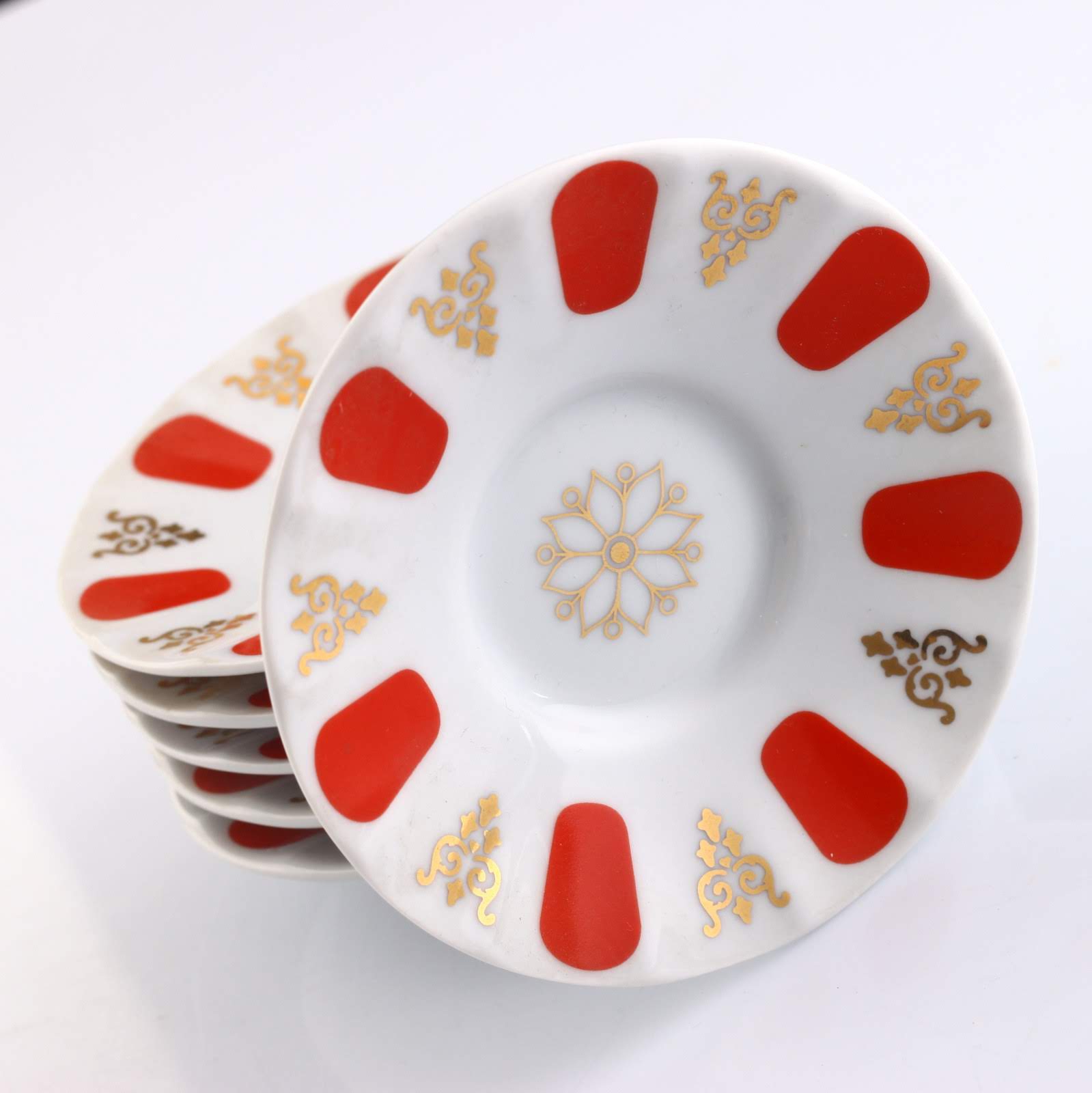 6 Kişilik Porland Porselen Ergonomi Çay Tabağı - Kırmızı Gold
