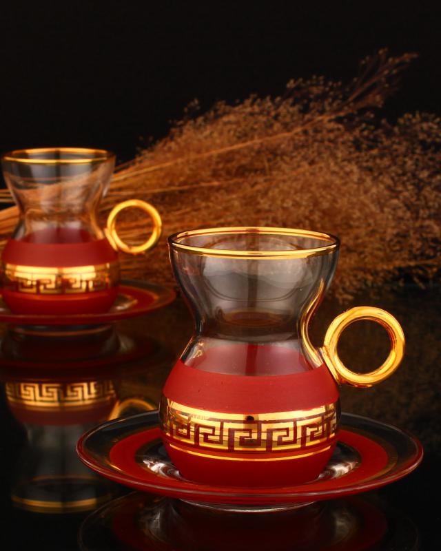 12 Parça Kulplu Çay Takımı - Antik Altın Bordo
