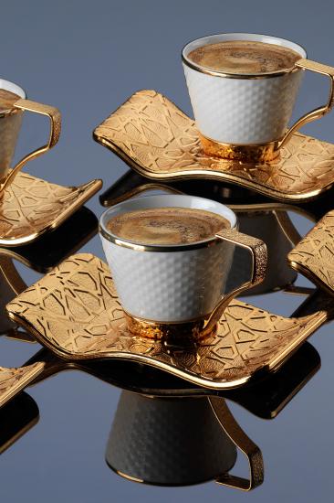 12 Parça Selçuklu Kahve Fincan Takımı - Gold Beyaz