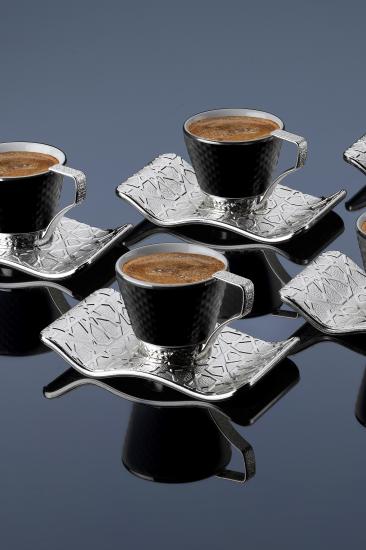 12 Parça Selçuklu Kahve Fincan Takımı - Gümüş Siyah