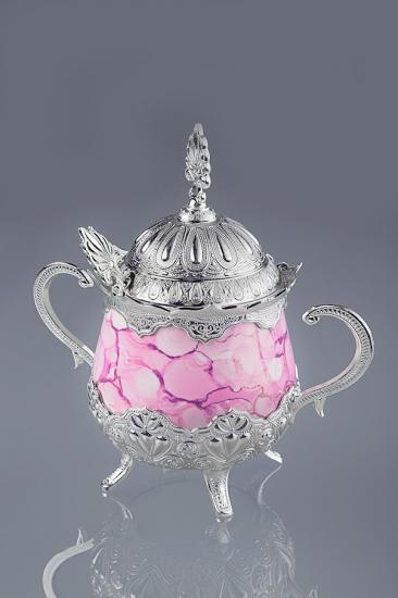 Pembe Desenli Porselenli Yuvarlak Şekerlik - Gümüş