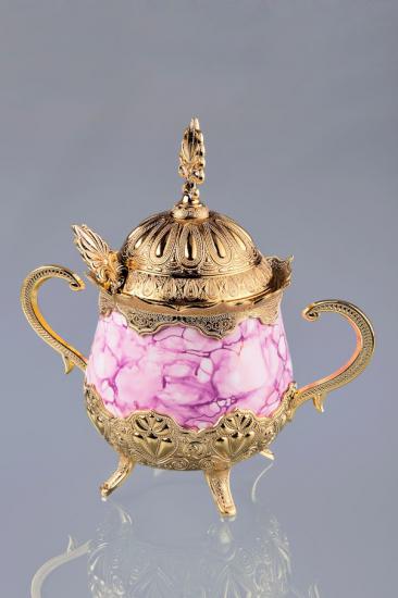 Pembe Desenli Porselenli Yuvarlak Şekerlik - Gold