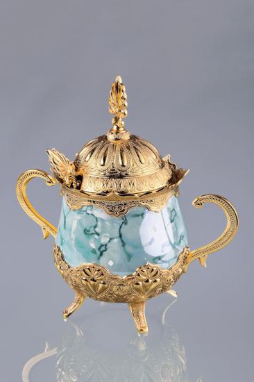 Yeşil Desenli Porselenli Yuvarlak Şekerlik - Gold