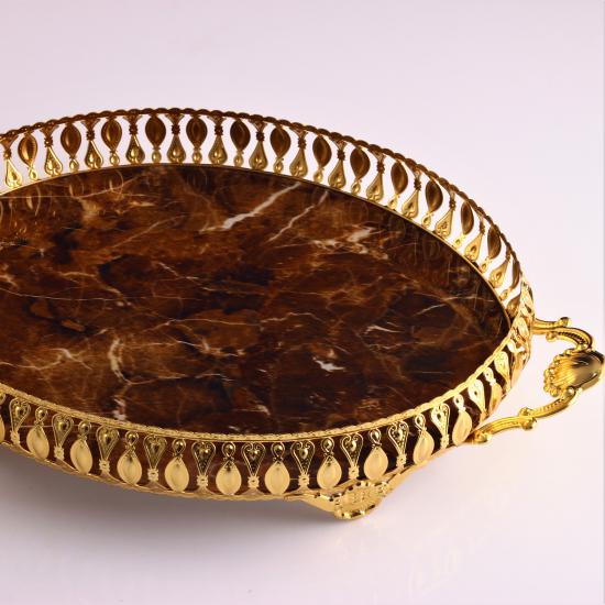 Karaca Oval Kulplu Metal Tepsi - Mermer Desen Kahverengi Gold