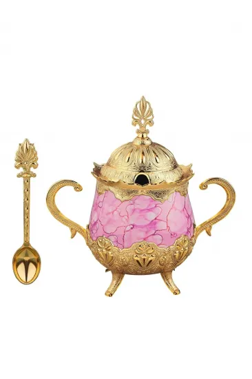Pembe Desenli Porselenli Yuvarlak Şekerlik - Gold