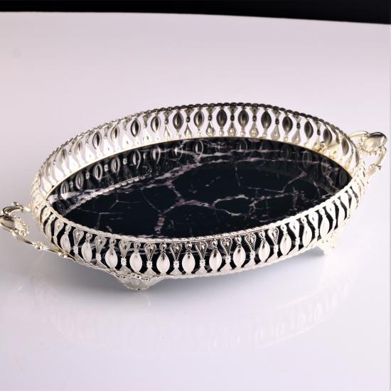 Karaca Oval Kulplu Metal Tepsi - Mermer Desen Siyah Gümüş