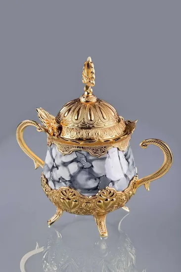 Gri Desenli Porselenli Yuvarlak Şekerlik - Gold