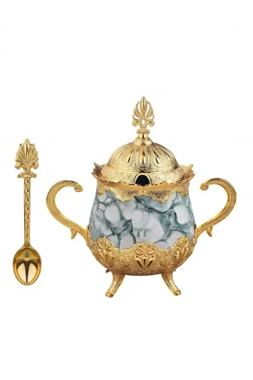 Gri Desenli Porselenli Yuvarlak Şekerlik - Gold