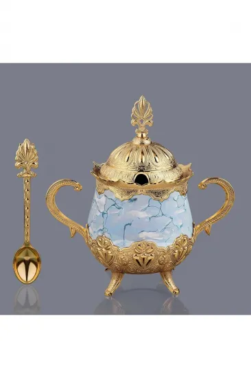 Mavi Desenli Porselenli Yuvarlak Şekerlik - Gold