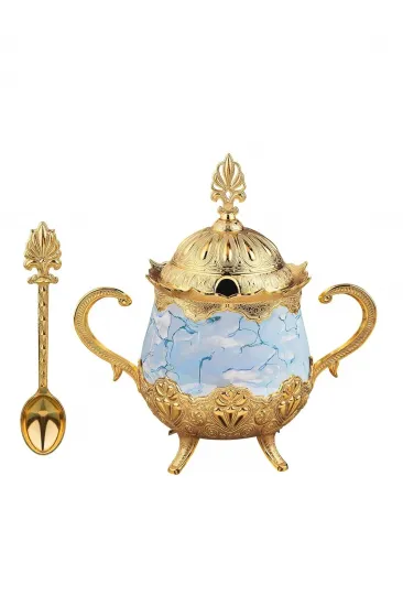 Mavi Desenli Porselenli Yuvarlak Şekerlik - Gold