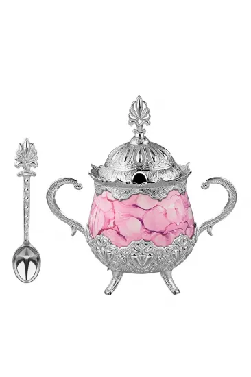 Pembe Desenli Porselenli Yuvarlak Şekerlik - Gümüş