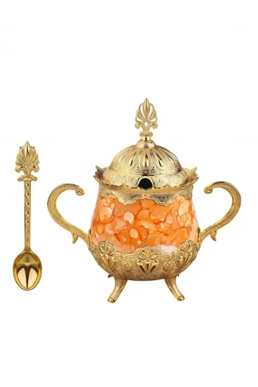 Turuncu Desenli Porselenli Yuvarlak Şekerlik - Gold