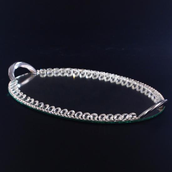 Taşlı Aynalı Tepsi Oval Form Gümüş 42X24