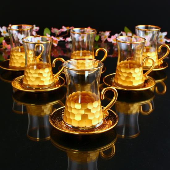 12 Parça Kulplu Çay Takımı - Petek Varak Gold
