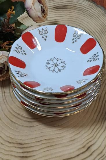6 Kişilik Porselen Kahveci Çay Tabağı - Kırmızı Gold