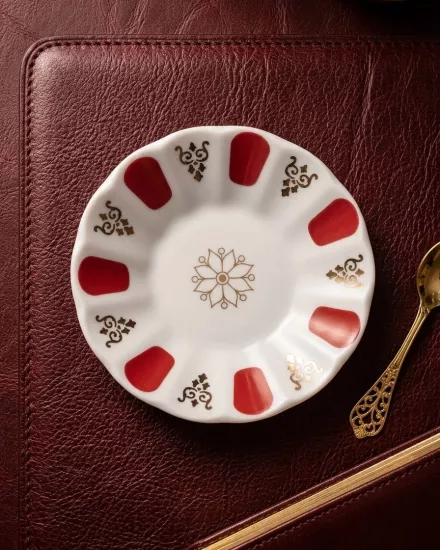 6 Kişilik Porland Porselen Kahveci Çay Tabağı - Kırmızı Gold