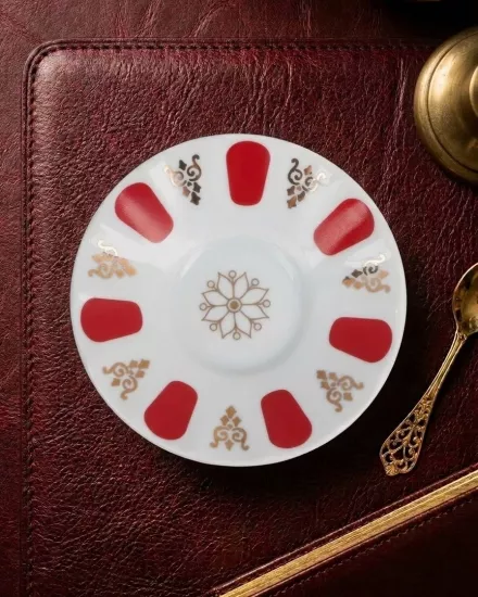 6 Kişilik Porland Porselen Ergonomi Çay Tabağı - Kırmızı Gold